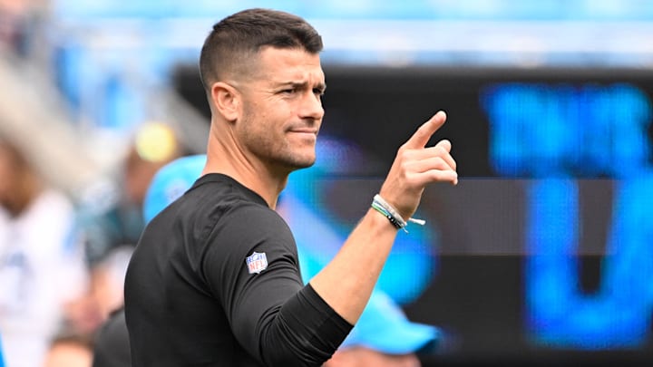 Sep 29, 2024; Charlotte, North Carolina, USA; Carolina Panthers head coach Dave Canales on the field before the game at Bank of America Stadium. Mandatory Credit: Bob Donnan-Imagn Images