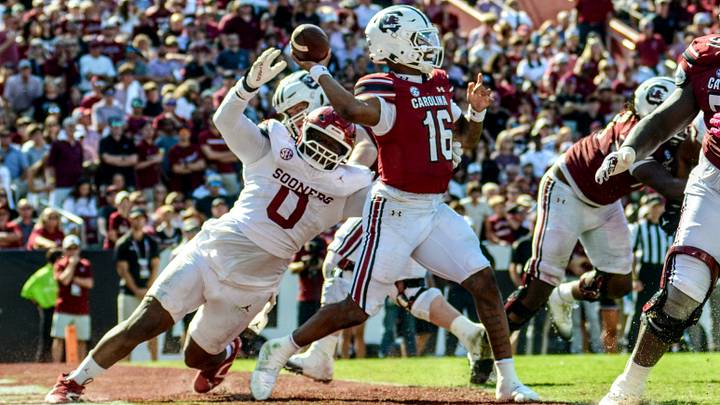 Oklahoma defensive tackle David Stone pressures South Carolina quarterback LaNorris Sellers.
