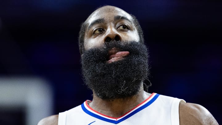 Mar 27, 2024; Philadelphia, Pennsylvania, USA; LA Clippers guard James Harden (1) reacts after his score against the Philadelphia 76ers during the first quarter at Wells Fargo Center. Mandatory Credit: Bill Streicher-Imagn Images Mar 27, 2024; Philadelphia, Pennsylvania, USA; LA Clippers guard James Harden (1) reacts after his score against the Philadelphia 76ers during the first quarter at Wells Fargo Center. Mandatory Credit: Bill Streicher-Imagn Images