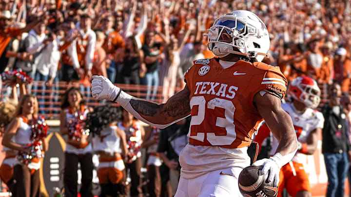 Texas Longhorns running back Jaydon Blue celebrates a touchdown during the game against Clemson.