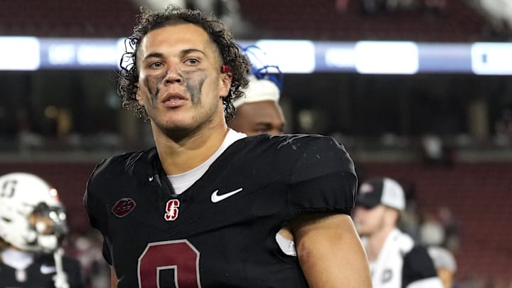 Oct 19, 2024; Stanford, California, USA; Stanford Cardinal linebacker Tristan Sinclair (8) after the game against the Southern Methodist Mustangs at Stanford Stadium. Mandatory Credit: Darren Yamashita-Imagn Images