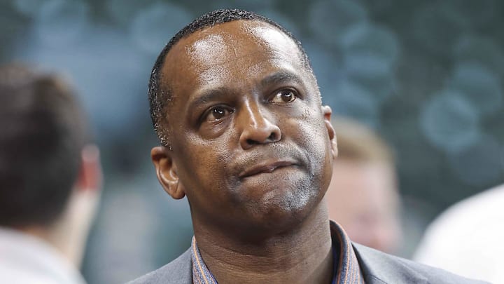 Apr 18, 2023; Houston, Texas, USA; Houston Astros general manager Dana Brown on the field before the game against the Toronto Blue Jays at Minute Maid Park. Mandatory Credit: Troy Taormina-Imagn Images