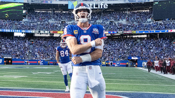 New York Giants quarterback Daniel Jones celebrates after scoring a second-half touchdown against the Washington Commanders at MetLife Stadium in East Rutherford, N.J., on Nov. 3, 2024. 