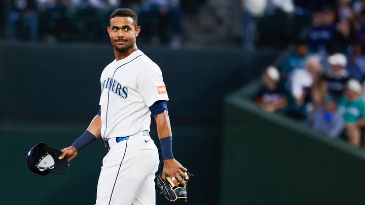 Sep 22, 2026; Seattle, Washington, USA; Seattle Mariners center fielder Julio Rodríguez (44) takes his position after hitting a fly out to end the first inning at T-Mobile Park. Mandatory Credit: Joe Nicholson-Imagn Images
