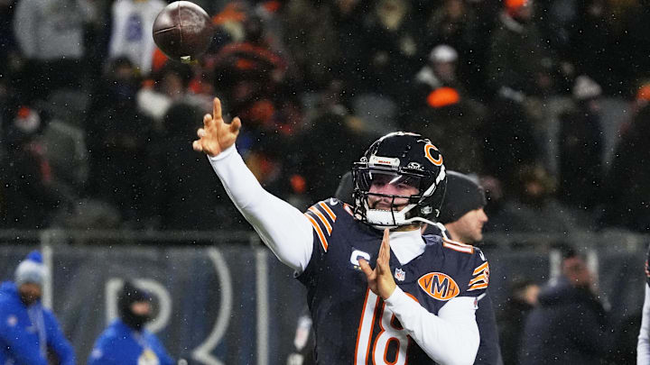 Jan 18, 2026; Chicago, IL, USA; Chicago Bears quarterback Caleb Williams (18) throws a pass during warmups before an NFC Divisional Round game against the Los Angeles Rams at Soldier Field. Mandatory Credit: David Banks-Imagn Images