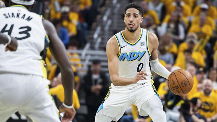 Apr 19, 2025; Indianapolis, Indiana, USA; Indiana Pacers guard Tyrese Haliburton (0) dribbles the ball in the second half against the Milwaukee Bucks at Gainbridge Fieldhouse. Mandatory Credit: Trevor Ruszkowski-Imagn Images