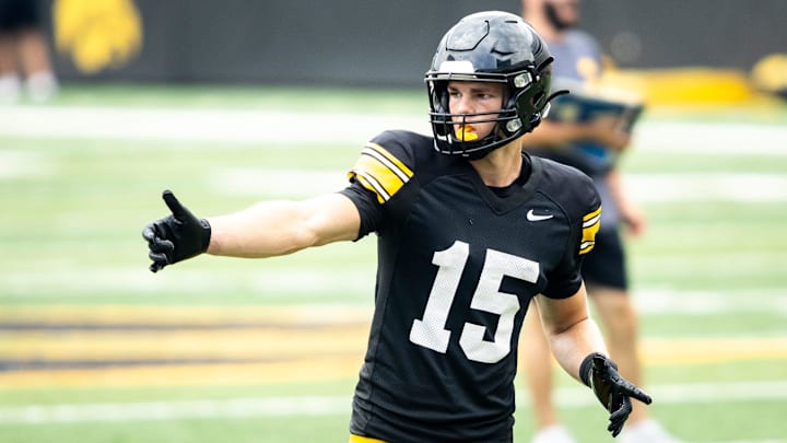 Aug 9, 2025; Iowa wide receiver Reece Vander Zee (15) lines up during the Hawkeyes Kids Day NCAA football open practice at Kinnick Stadium in Iowa City, Iowa. Mandatory Credit: Joseph Cress for the Des Moines Register
