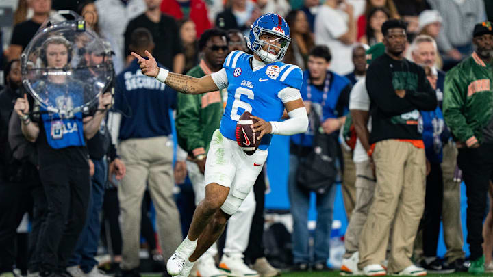 Ole Miss quarterback Trinidad Chambliss (6) celebrates a play during the CFP Fiesta Bowl against Miami at the State Farm Stadium, in Glendale, Ariz., on Thursday, Jan. 8, 2026.