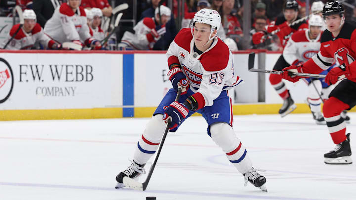 Apr 4, 2026; Newark, New Jersey, USA; Montréal Canadiens right wing Ivan Demidov (93) skates with the puck against the New Jersey Devils during the first period at Prudential Center. Mandatory Credit: Thomas Salus-Imagn Images
