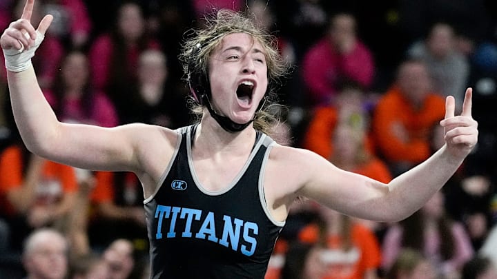 Lewis Central’s Mahri Manz reacts after defeating Southeast Polk’s Skylar Slade in the Class 2A 145-pound finals at the IGHSAU state wrestling tournament Day 2 Friday, Feb. 7, 2025 at Xtream Arena in Coralville, Iowa. Lewis Central’s Mahri Manz reacts after defeating Southeast Polk’s Skylar Slade in the Class 2A 145-pound finals at the IGHSAU state wrestling tournament Day 2 Friday, Feb. 7, 2025 at Xtream Arena in Coralville, Iowa.
