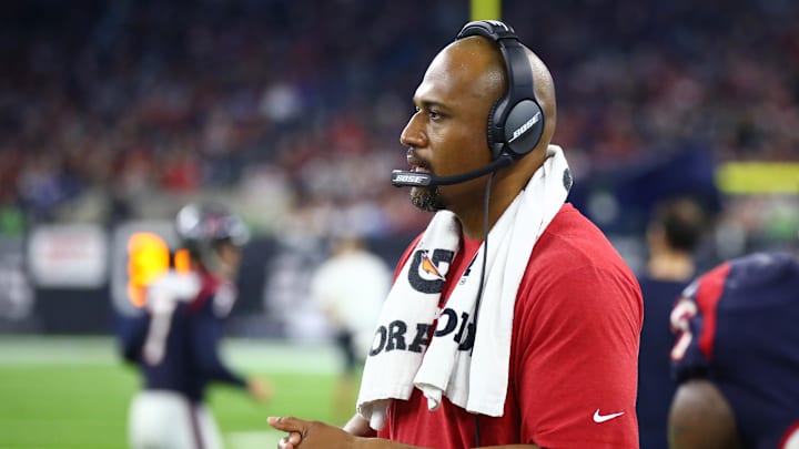 Jan 5, 2019; Houston, TX, USA; Houston Texans defensive line coach Anthony Weaver against the Indianapolis Colts during the AFC Wild Card at NRG Stadium. Mandatory Credit: Mark J. Rebilas-Imagn Images