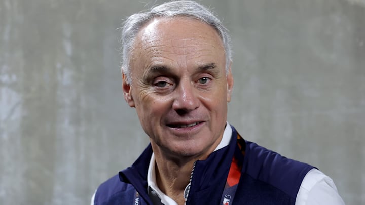 Oct 29, 2024; New York, New York, USA; MLB commissioner Rob Manfred before game four of the 2024 MLB World Series between the Los Angeles Dodgers and New York Yankees at Yankee Stadium. Oct 29, 2024; New York, New York, USA; MLB commissioner Rob Manfred before game four of the 2024 MLB World Series between the Los Angeles Dodgers and New York Yankees at Yankee Stadium.