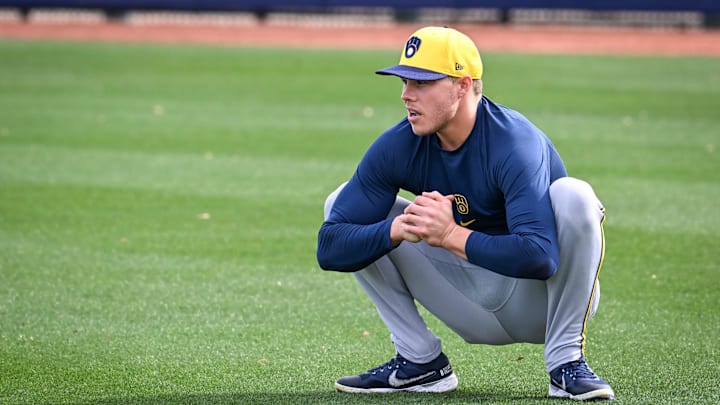 Milwaukee Brewers pitcher Vinny Nittoli stretches during spring training workouts Monday, February 17, 2025, at American Family Fields of Phoenix in Phoenix, Arizona.