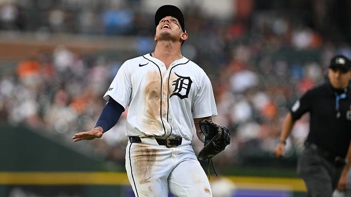 Aug 13, 2024; Detroit, Michigan, USA; Detroit Tigers first baseman Bligh Madris (40) calls for an infield pop up against the Seattle Mariners in the fourth inning at Comerica Park. Mandatory Credit: Lon Horwedel-USA TODAY Sports Aug 13, 2024; Detroit, Michigan, USA; Detroit Tigers first baseman Bligh Madris (40) calls for an infield pop up against the Seattle Mariners in the fourth inning at Comerica Park. Mandatory Credit: Lon Horwedel-USA TODAY Sports
