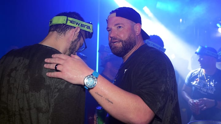 Oct 20, 2025; Toronto, Ontario, CAN; Toronto Blue Jays manager John Schneider (14) celebrates in the locker room after defeating the Seattle Mariners in game seven of the ALCS round for the 2025 MLB playoffs at Rogers Centre. Oct 20, 2025; Toronto, Ontario, CAN; Toronto Blue Jays manager John Schneider (14) celebrates in the locker room after defeating the Seattle Mariners in game seven of the ALCS round for the 2025 MLB playoffs at Rogers Centre.