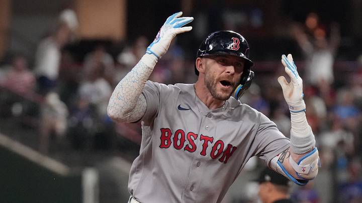 Sep 17, 2026; Arlington, Texas, USA;  Boston Red Sox shortstop Trevor Story (10) reacts as he circles the bases after hitting a three-run home run against the Texas Rangers during the eighth inning at Globe Life Field. Mandatory Credit: Raymond Carlin III-Imagn Images