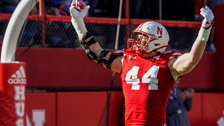 Nov 5, 2022; Lincoln, Nebraska, USA; Nebraska Cornhuskers defensive end Garrett Nelson (44) celebrates after a stop against the Minnesota Golden Gophers during the first quarter at Memorial Stadium. Mandatory Credit: Dylan Widger-Imagn Images Nov 5, 2022; Lincoln, Nebraska, USA; Nebraska Cornhuskers defensive end Garrett Nelson (44) celebrates after a stop against the Minnesota Golden Gophers during the first quarter at Memorial Stadium. Mandatory Credit: Dylan Widger-Imagn Images