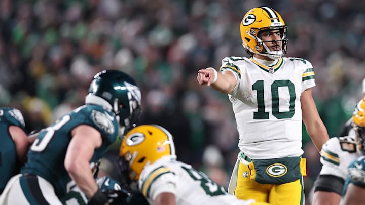 Jan 12, 2025; Philadelphia, Pennsylvania, USA; Green Bay Packers quarterback Jordan Love (10) reacts against the Philadelphia Eagles during the first half in an NFC wild card game at Lincoln Financial Field. Mandatory Credit: Bill Streicher-Imagn Images