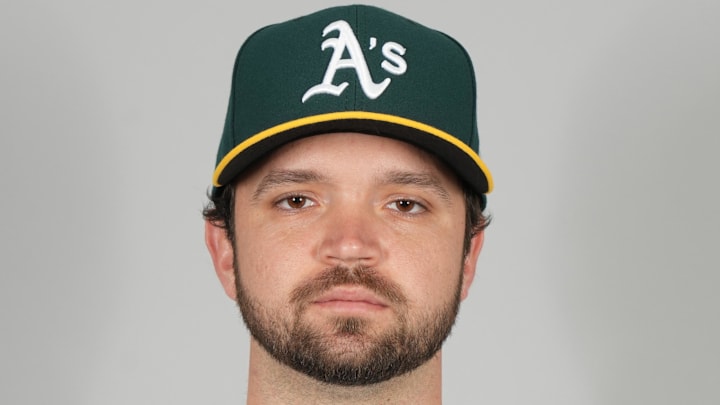 Feb 18, 2025; Mesa, AZ, USA; Athletics pitcher Gunnar Hoglund (79) poses during photo day. Mandatory Credit: Rick Scuteri-Imagn Images