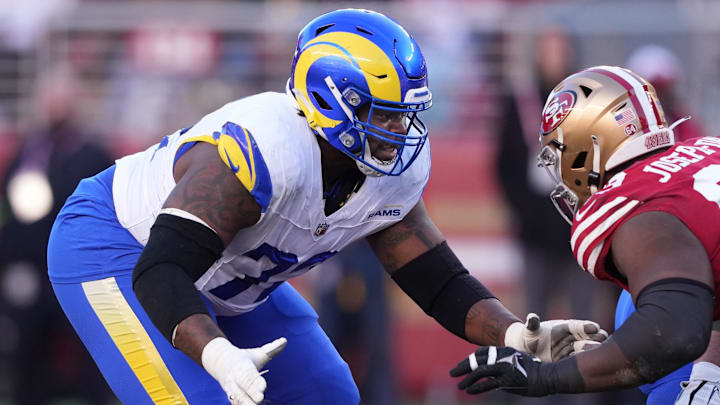 Jan 7, 2024; Santa Clara, California, USA; Los Angeles Rams guard Tremayne Anchrum Jr. (72) blocks San Francisco 49ers defensive tackle Sebastian Joseph-Day (right) during the fourth quarter at Levi's Stadium. Mandatory Credit: Darren Yamashita-Imagn Images