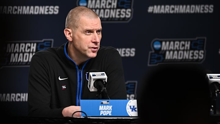Mar 22, 2026; St. Louis, MO, USA; Kentucky Wildcats head coach Mark Pope speaks during the postgame press conference after the game against the Iowa State Cyclones during a second round game of the men's 2026 NCAA Tournament at Enterprise Center. Mandatory Credit: Jeff Le-Imagn Images