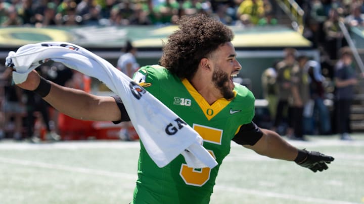 Oregon’s Dante Moore celebrates during the first half of he Oregon Spring Game at Autzen Stadium in Eugene April 25, 2026