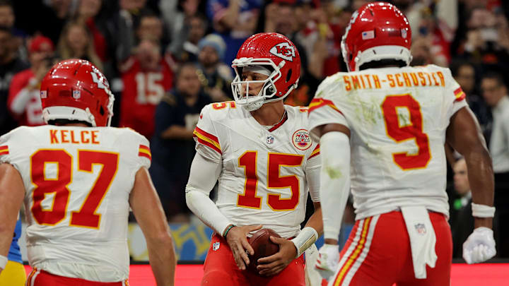 [US, Mexico & Canada customers only] Sep 5, 2025; Sao Paulo, BRAZIL; Kansas City Chiefs quarterback Patrick Mahomes (15) in the second half during a NFL game at Corinthians Arena. Mandatory Credit: Amanda Perobelli/Reuters via Imagn Images