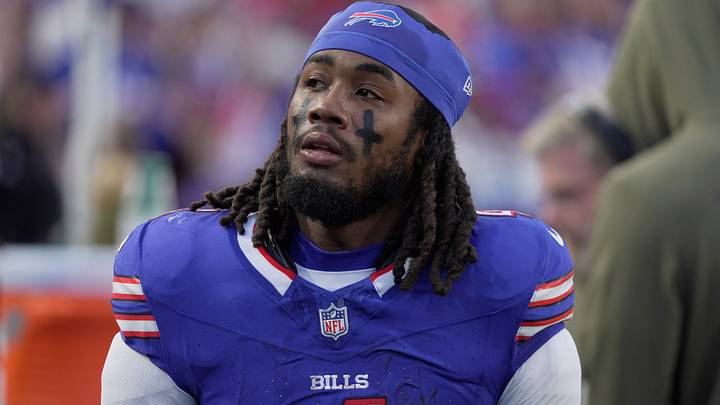 Buffalo Bills RB James Cook III walks the sideline while the defense is on the field against the Kansas City Chiefs. Buffalo Bills RB James Cook III walks the sideline while the defense is on the field against the Kansas City Chiefs.