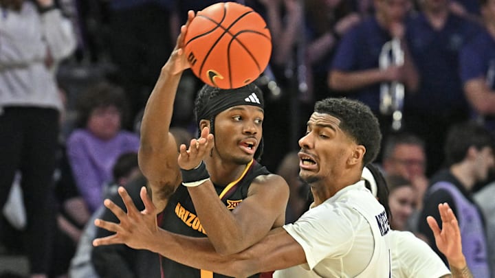 Arizona State's Alston Mason passes the ball during the Sun Devils' 66-54 victory over Kansas State on Sunday, Feb. 23, 2025.