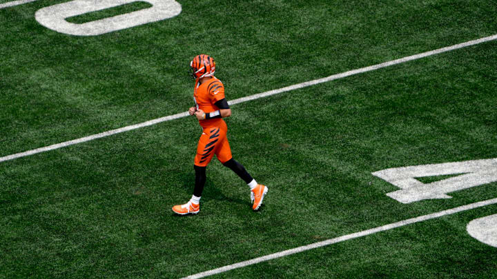Cincinnati Bengals quarterback Joe Burrow (9) runs the to the sideline during the first quarter of the Bengals home opener against the New England Patriots at Paycor Stadium Sunday, September 8, 2024.