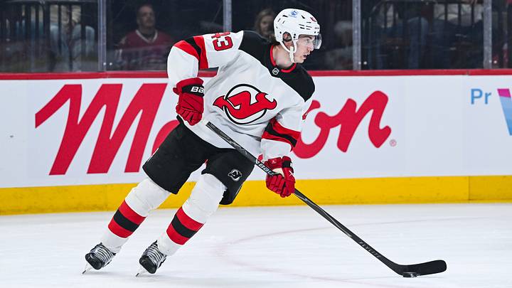 Apr 5, 2026; Montreal, Quebec, CAN; New Jersey Devils defenseman Luke Hughes (43) plays the puck against the Montreal Canadiens during the first period at Bell Centre. Mandatory Credit: David Kirouac-Imagn Images Apr 5, 2026; Montreal, Quebec, CAN; New Jersey Devils defenseman Luke Hughes (43) plays the puck against the Montreal Canadiens during the first period at Bell Centre. Mandatory Credit: David Kirouac-Imagn Images