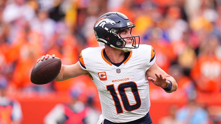 Sep 15, 2024; Denver, Colorado, USA; Denver Broncos quarterback Bo Nix (10) prepares to pass in the second half against the Pittsburgh Steelers at Empower Field at Mile High. 