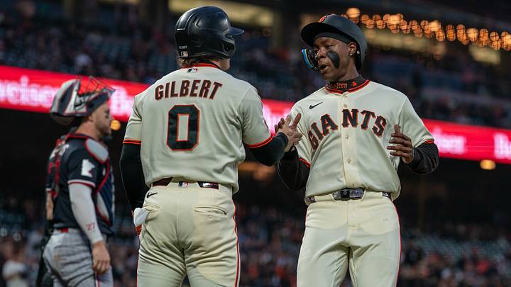 Sep 21, 2026; San Francisco, California, USA; San Francisco Giants center fielder Drew Gilbert (0) and San Francisco Giants right fielder Bo Davidson (94) after scoring against the Minnesota Twins during the first inning at Oracle Park. Mandatory Credit: Neville E. Guard-Imagn Images Sep 21, 2026; San Francisco, California, USA; San Francisco Giants center fielder Drew Gilbert (0) and San Francisco Giants right fielder Bo Davidson (94) after scoring against the Minnesota Twins during the first inning at Oracle Park. Mandatory Credit: Neville E. Guard-Imagn Images
