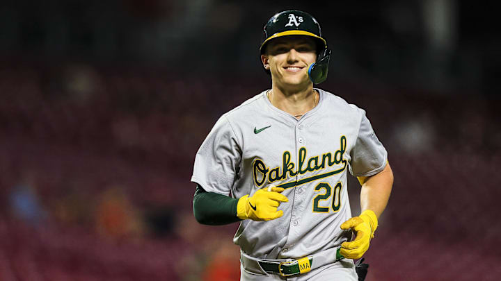 Aug 27, 2024; Cincinnati, Ohio, USA; Oakland Athletics second baseman Zack Gelof (20) reacts after hitting a solo home run in the eighth inning against the Cincinnati Reds at Great American Ball Park. Mandatory Credit: Katie Stratman-Imagn Images Aug 27, 2024; Cincinnati, Ohio, USA; Oakland Athletics second baseman Zack Gelof (20) reacts after hitting a solo home run in the eighth inning against the Cincinnati Reds at Great American Ball Park. Mandatory Credit: Katie Stratman-Imagn Images