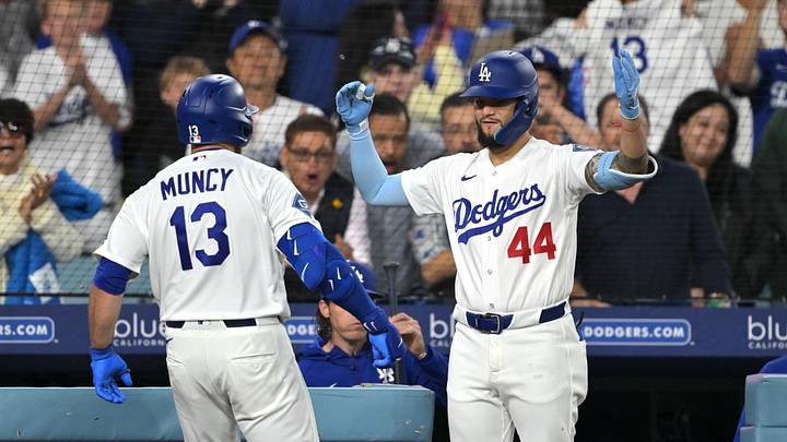 Apr 10, 2026; Los Angeles, California, USA; Los Angeles Dodgers third baseman Max Muncy (13) is greeted by center fielder Andy Pages (44) after hitting a solo home run during the second inning against the Texas Rangers at Dodger Stadium. Mandatory Credit: Jayne Kamin-Oncea-Imagn Images Apr 10, 2026; Los Angeles, California, USA; Los Angeles Dodgers third baseman Max Muncy (13) is greeted by center fielder Andy Pages (44) after hitting a solo home run during the second inning against the Texas Rangers at Dodger Stadium. Mandatory Credit: Jayne Kamin-Oncea-Imagn Images