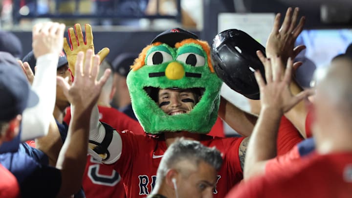 Sep 19, 2025; Tampa, Florida, USA;  Boston Red Sox outfielder Jarren Duran (16) is congratulated after hitting a two-run home run during the seventh inning against the Tampa Bay Rays at George M. Steinbrenner Field. Mandatory Credit: Kim Klement Neitzel-Imagn Images