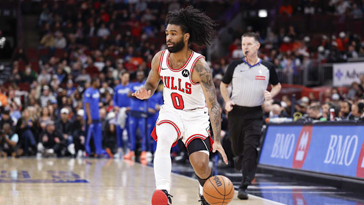 Jan 10, 2026; Chicago, Illinois, USA; Chicago Bulls guard Coby White (0) brings the ball up court against the Dallas Mavericks during the first half at United Center. Jan 10, 2026; Chicago, Illinois, USA; Chicago Bulls guard Coby White (0) brings the ball up court against the Dallas Mavericks during the first half at United Center.