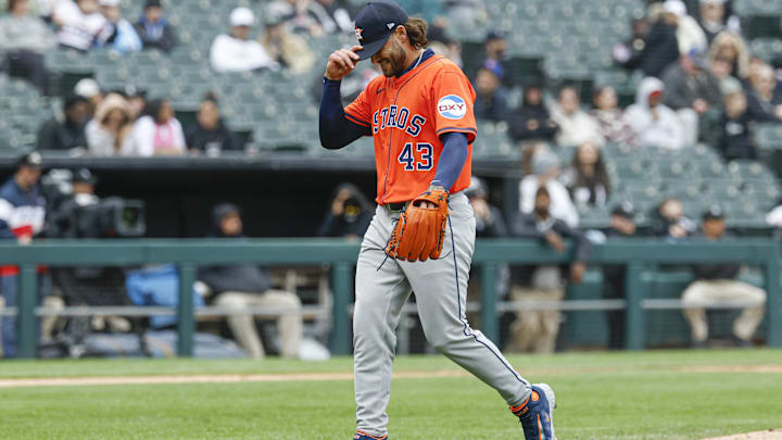 May 4, 2025; Chicago, Illinois, USA; Houston Astros starting pitcher Lance McCullers Jr. (43) leaves a baseball game against the Chicago White Sox during the fourth inning at Rate Field. 