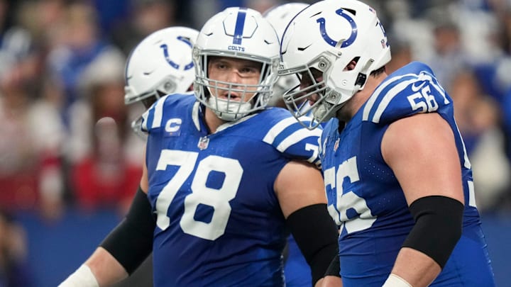 Indianapolis Colts center Ryan Kelly (78) talks with Indianapolis Colts guard Quenton Nelson (56) on Saturday, Jan. 6, 2024, during a game against the Houston Texans at Lucas Oil Stadium in Indianapolis. Indianapolis Colts center Ryan Kelly (78) talks with Indianapolis Colts guard Quenton Nelson (56) on Saturday, Jan. 6, 2024, during a game against the Houston Texans at Lucas Oil Stadium in Indianapolis.