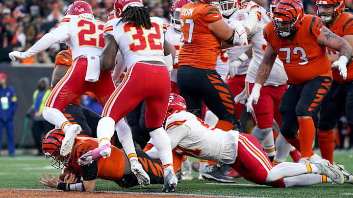 Cincinnati Bengals quarterback Joe Burrow (9) runs for a touchdown in the first quarter of a Week 13 NFL game against the Kansas City Chiefs, Sunday, Dec. 4, 2022, at Paycor Stadium in Cincinnati.