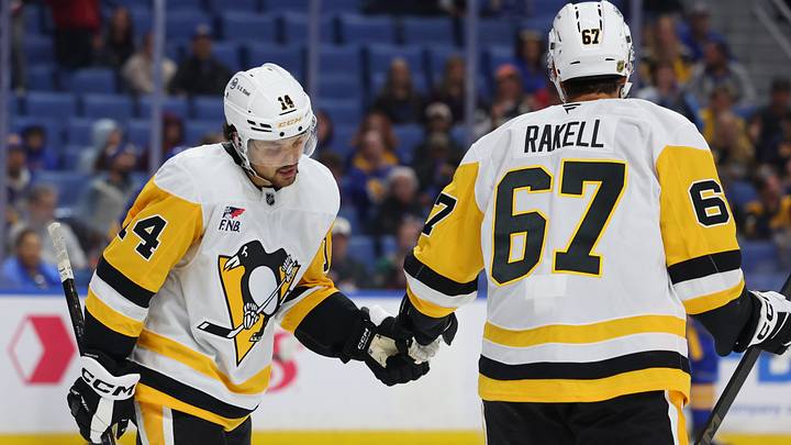 Sep 26, 2026; Buffalo, New York, USA; Pittsburgh Penguins left wing Nick Robertson (14) celebrates his goal with right wing Rickard Rakell (67) during the third period against the Buffalo Sabres at KeyBank Center. Mandatory Credit: Timothy T. Ludwig-Imagn Images Sep 26, 2026; Buffalo, New York, USA; Pittsburgh Penguins left wing Nick Robertson (14) celebrates his goal with right wing Rickard Rakell (67) during the third period against the Buffalo Sabres at KeyBank Center. Mandatory Credit: Timothy T. Ludwig-Imagn Images