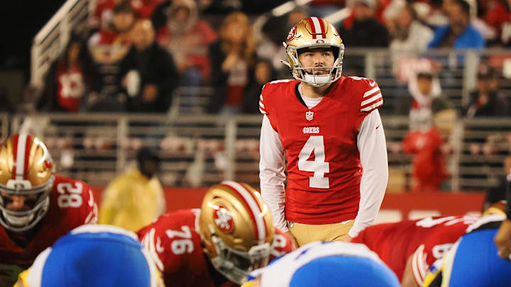 Dec 12, 2024; Santa Clara, California, USA; San Francisco 49ers kicker Jake Moody (4) prepares for a 50-yard field goal against the Los Angeles Rams during the first quarter at Levi's Stadium. Mandatory Credit: Kelley L Cox-Imagn Images Dec 12, 2024; Santa Clara, California, USA; San Francisco 49ers kicker Jake Moody (4) prepares for a 50-yard field goal against the Los Angeles Rams during the first quarter at Levi's Stadium. Mandatory Credit: Kelley L Cox-Imagn Images