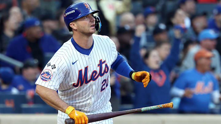 New York Mets first baseman Pete Alonso watches his home run in Game 5 of the 2024 National League Championship Series against the Los Angeles Dodgers in October.