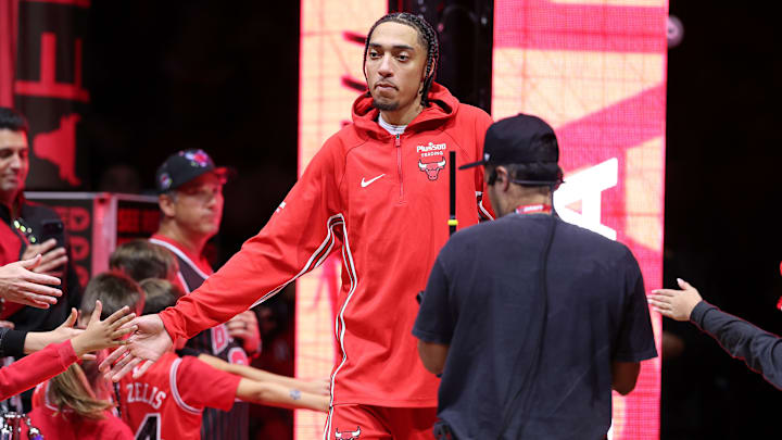 Rookie forward Noa Essengue is introduced during a Chicago Bulls game against the Detroit Pistons.