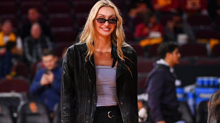 Los Angeles Sparks forward Cameron Brink looks on before the women’s college basketball game between the Notre Dame Fighting Irish and the USC Trojans. Los Angeles Sparks forward Cameron Brink looks on before the women’s college basketball game between the Notre Dame Fighting Irish and the USC Trojans.