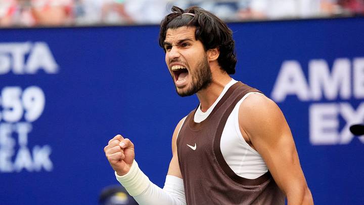 Carlos Alcaraz celebrates winning the second set during his third round match of the 2026 US Open. IMAGN IMAGES via Reuters/Robert Deutsch Carlos Alcaraz celebrates winning the second set during his third round match of the 2026 US Open. IMAGN IMAGES via Reuters/Robert Deutsch