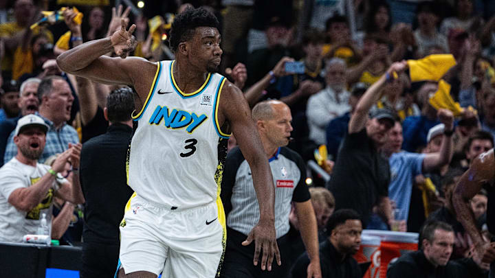 Indiana Pacers center Thomas Bryant (3) celebrates a made basket during game four of the second round for the 2025 NBA Playoffs against the Cleveland Cavaliers at Gainbridge Fieldhouse.