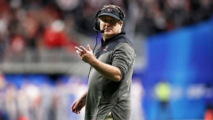 Dec 31, 2022; Atlanta, Georgia, USA; Georgia Bulldogs head coach Kirby Smart looks on against the Ohio State Buckeyes during the second half of the 2022 Peach Bowl at Mercedes-Benz Stadium. Mandatory Credit: Brett Davis-USA TODAY Sports Dec 31, 2022; Atlanta, Georgia, USA; Georgia Bulldogs head coach Kirby Smart looks on against the Ohio State Buckeyes during the second half of the 2022 Peach Bowl at Mercedes-Benz Stadium. Mandatory Credit: Brett Davis-USA TODAY Sports