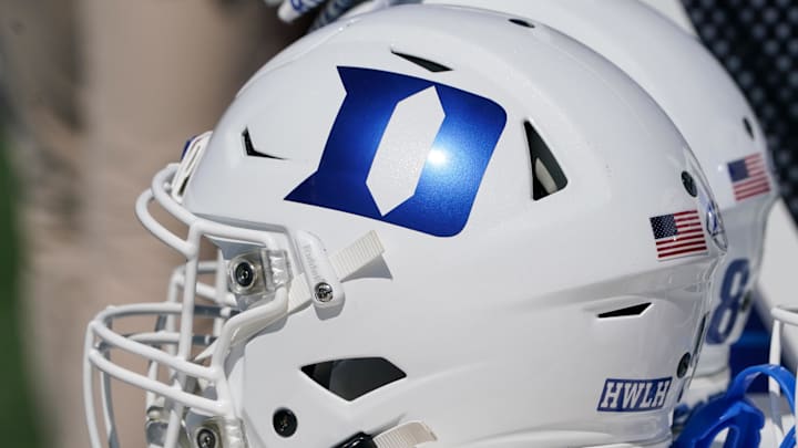 Sep 24, 2022; Lawrence, Kansas, USA; A general view of a Duke Blue Devils helmet against the Kansas Jayhawks during the second half of the game at David Booth Kansas Memorial Stadium. Mandatory Credit: Denny Medley-Imagn Images