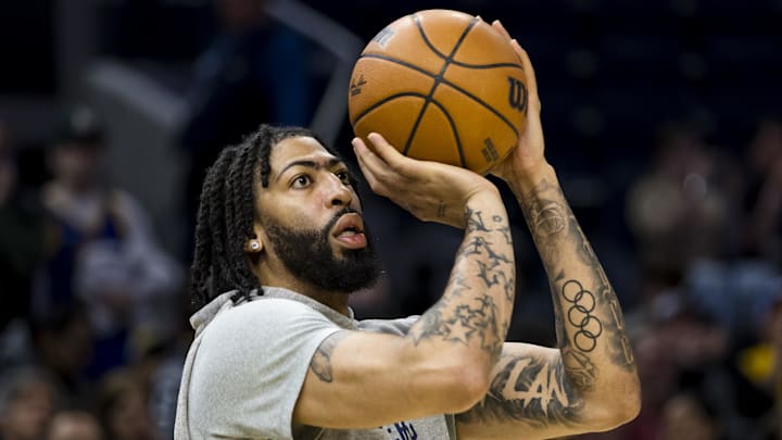 Feb 23, 2025; San Francisco, California, USA; Dallas Mavericks forward Anthony Davis (3) warms up before the game against the Golden State Warriors at Chase Center.